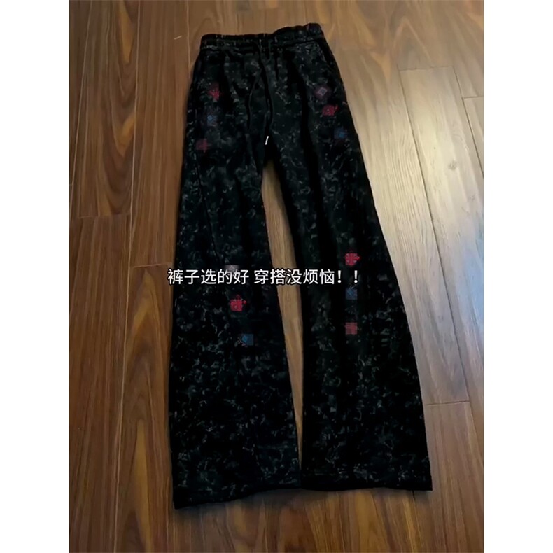 春装高品质扎染刺绣工艺弯刀卫裤男重磅复古垂感休闲运动裤阔腿裤，男装休闲裤，电商A486