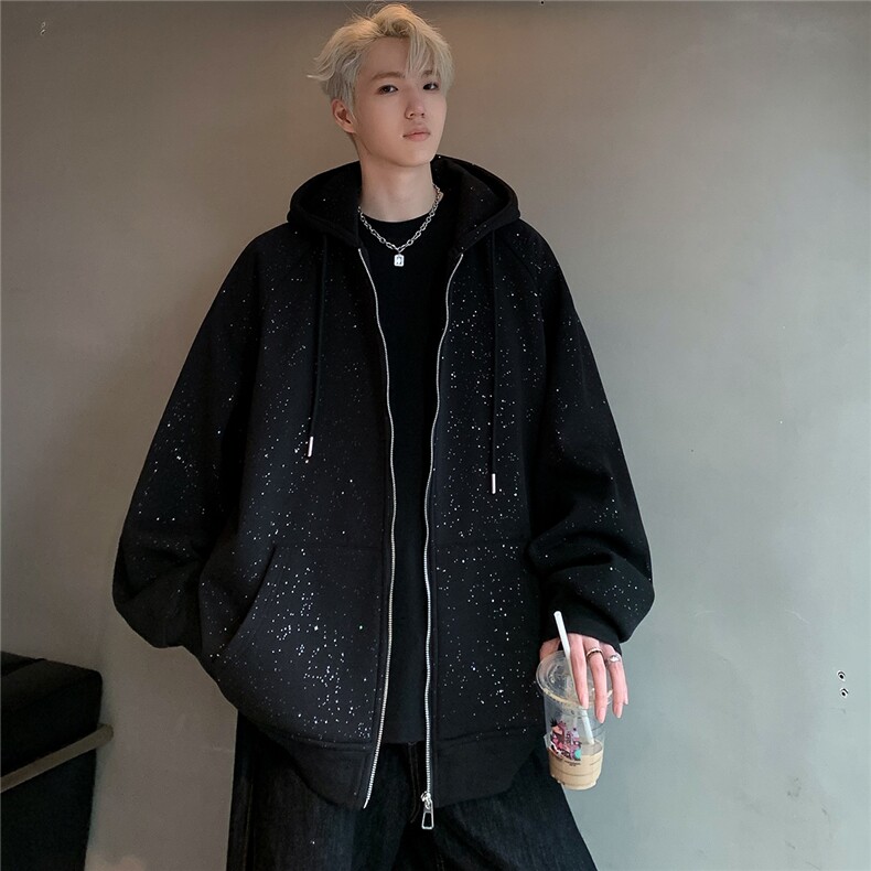 现货满天星开衫连帽黑色卫衣男女春秋季两片拉链开衫外套jk90-p78,女装短外套,电商C307A