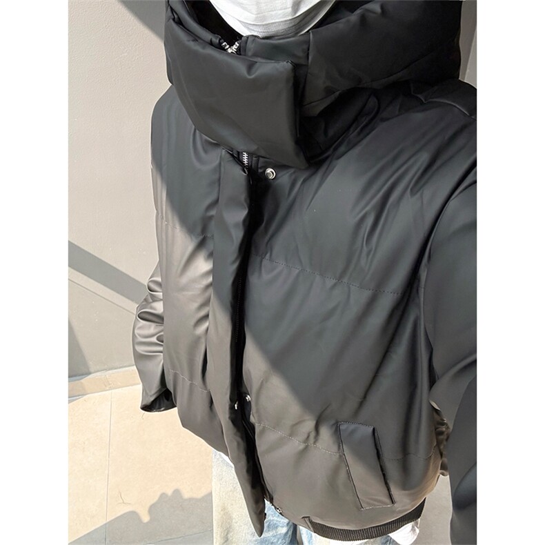 现货5W件冬季三防重磅boxy短款羽绒连帽PU皮棉衣外套防风加厚棉服,男装棉衣,电商A486