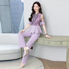 名媛气质雪纺衫喇叭裤套装女2022夏季新款女装时尚减龄职业两件套，女装套装/套裙，妙形