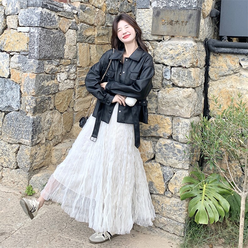 黑色复古皮衣外套半身裙套装女2025春季新款甜酷风气质超火两件套,女装套装/套裙,2C301