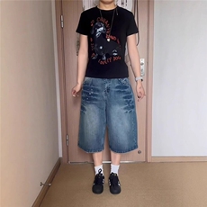 美式高街水洗闪电纹阔腿7分牛仔短裤男潮牌宽松直筒裤子-D129，男装牛仔裤，星座601-1