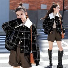 重工格纹毛呢短款外套女2025春秋新款仿羊羔毛翻领PU皮拼接呢子外套,女装短外套,意芙