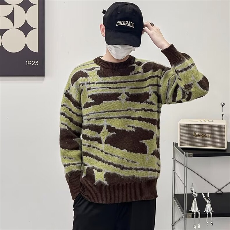 4冬季新款男士高级感迷彩拼色毛衣潮牌痞帅高端圆领百搭针织衫，男装针织衫/毛衣，星座1013