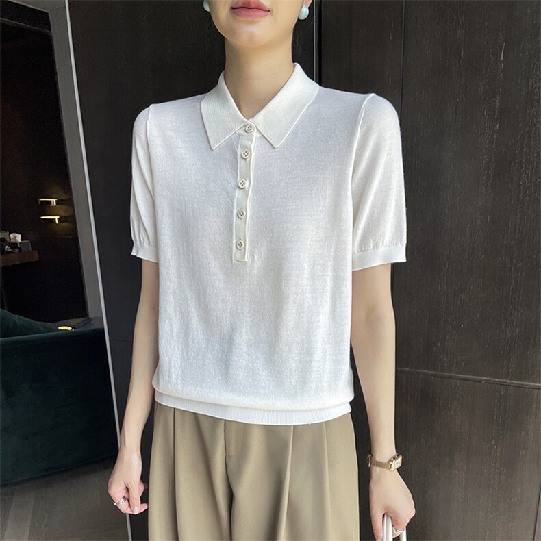 翻领常规短袖宽松型衬衫商务韩版上衣针织薄款t恤白色时尚休闲，女装衬衫，玖雪绒羊绒