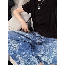 花卉提花水洗磨白直筒牛仔裤休闲阔腿裤NZ7072特P51，男装牛仔裤，星座908-1
