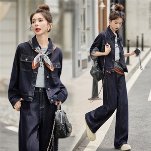 牛仔套装女2025秋新款高级感巨好看的超火休闲松弛感阔腿裤两件套图片