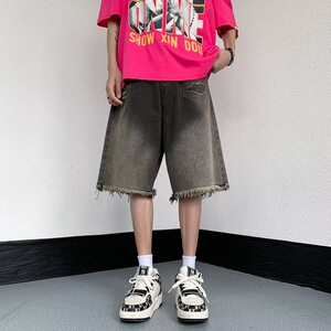 微弹水洗做旧五分裤潮潮流宽松直筒夏季男青春流行中腰牛仔裤图片