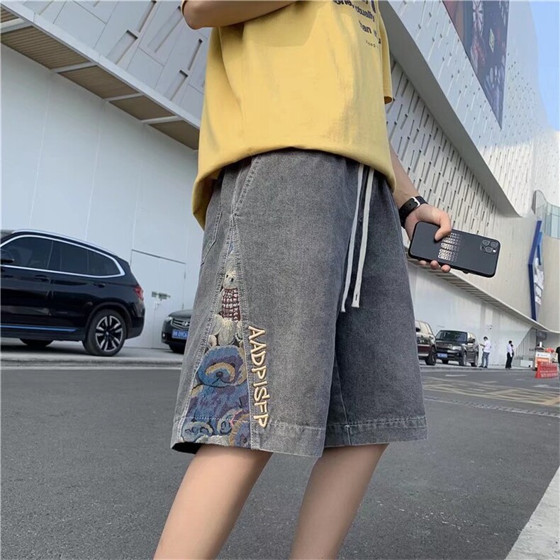 复古侧边拼接牛仔短裤男生宽松潮流夏季刺绣痞帅五分裤N1681-P40,男装牛仔裤,星座1008