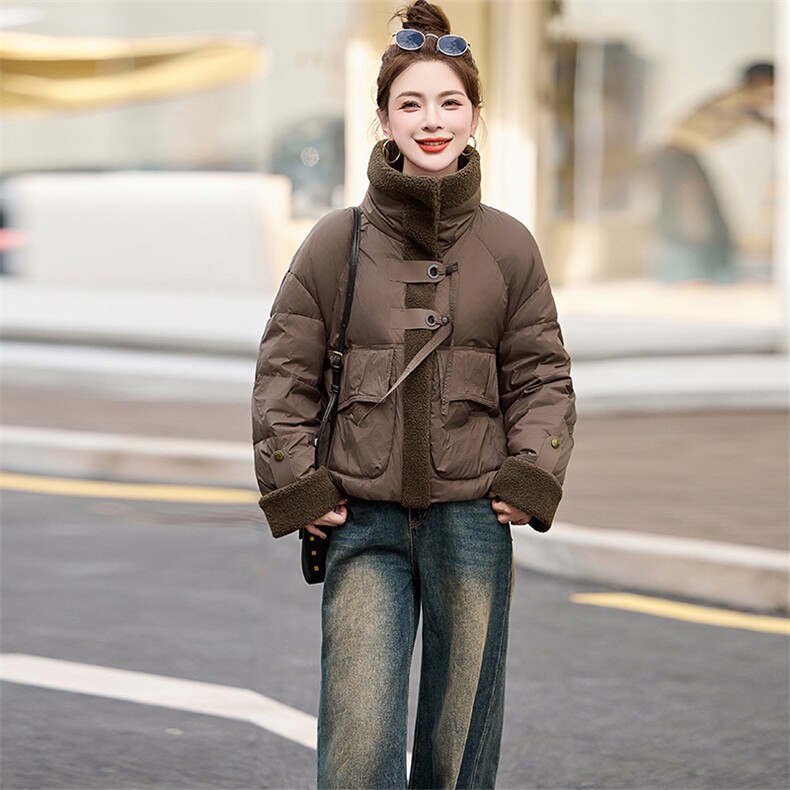 时尚新款仿羊羔毛拼接休闲小个子白鸭绒羽绒服女短款加厚保暖外套,女装羽绒服,采品优优