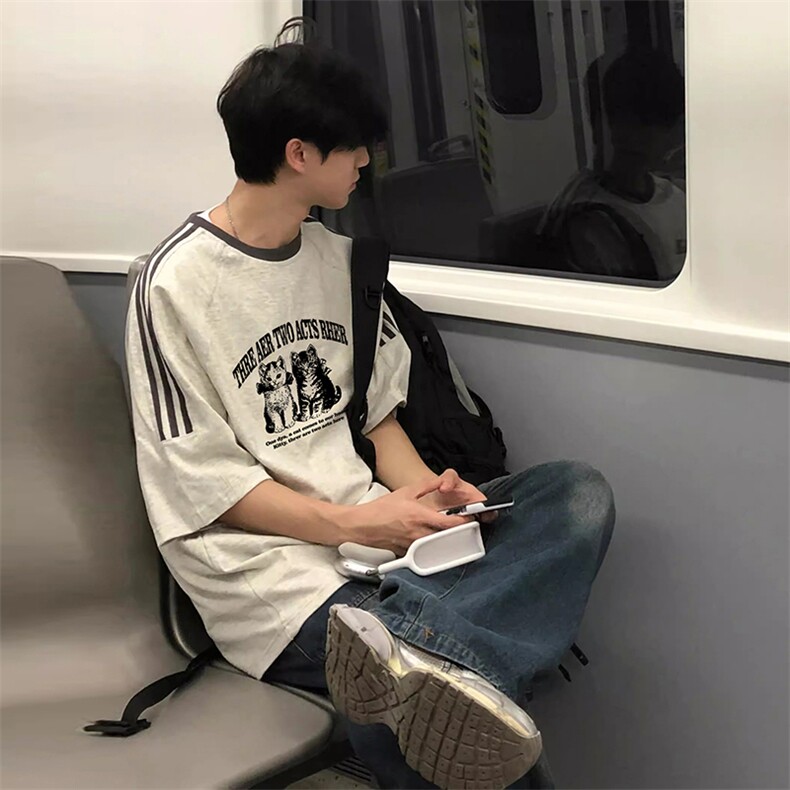 夏季美式高街重磅纯棉三条杠织带撞色男女短袖T恤ZD359-特P30,男装T恤,电商A486