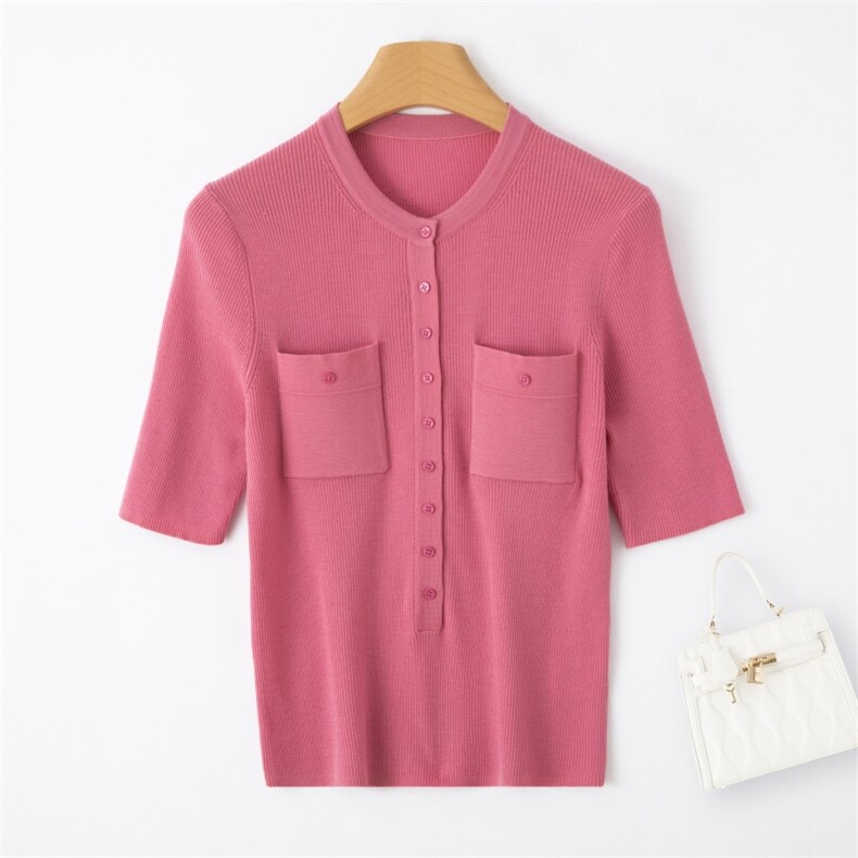 2025年夏季时尚新款纯色潮时尚翻领双兜短袖，女装T恤，润匹羊绒