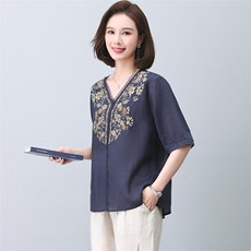 苎麻衬衫女夏短袖2023新款时尚洋气V领刺绣衬衣年轻妈妈薄款上衣，女装T恤，忆绮罗