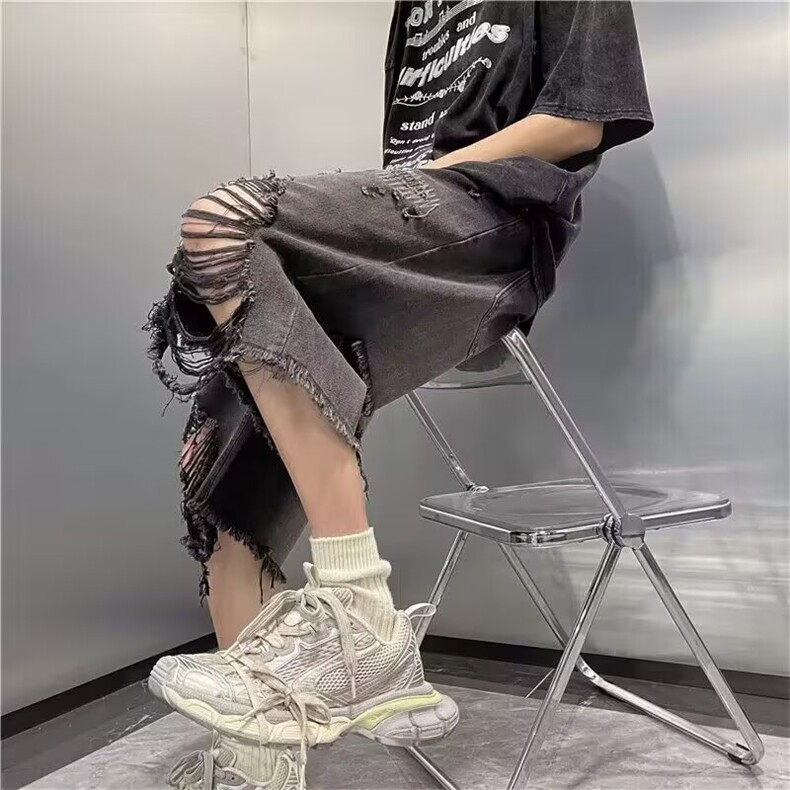 601-P36 美式水洗做旧牛仔短裤男女高街复古割破阔腿百搭宽松图片