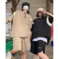 情侣装夏装新款华夫格撞色拼接套装男女宽松半袖T恤潮D295P68，男装T恤，电商A335-1（原A458）