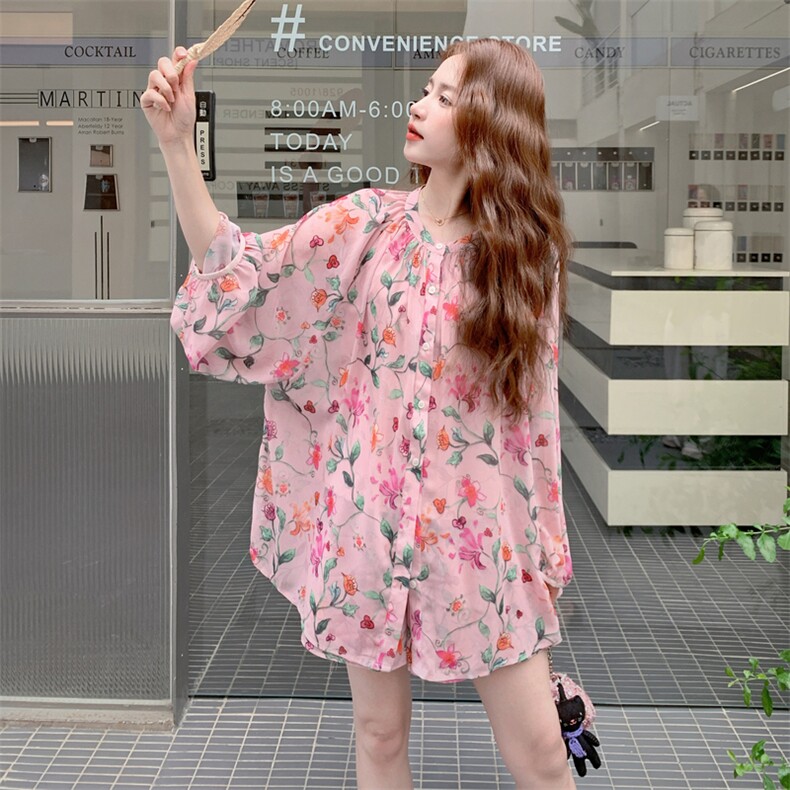 粉色轻薄印花防晒衬衫套装女2025夏季新款韩版减龄休闲短裤三件套,女装套装/套裙,卡莱