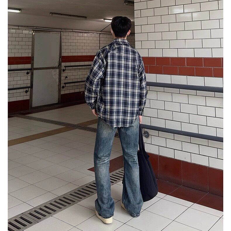 现货新款藏青色格子衬衫男女宽松学生长袖慵懒风美式复古衬衣外套,男装衬衫,星座302B-2