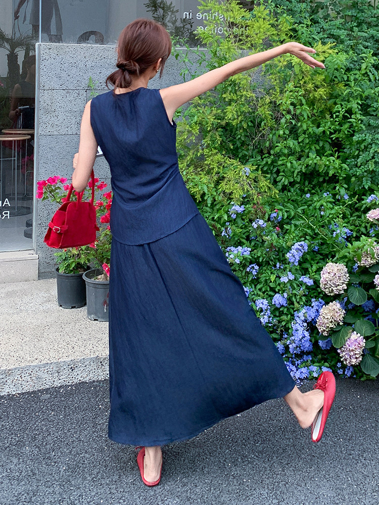 老钱风无袖绑带上衣半身裙套装女2025夏季新款法式气质显瘦两件套,女装套装/套裙,浙宝305