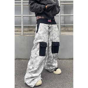 印花扎染垂感阔腿牛仔裤女秋季高腰休闲宽松显瘦拖地长裤 K8051图片