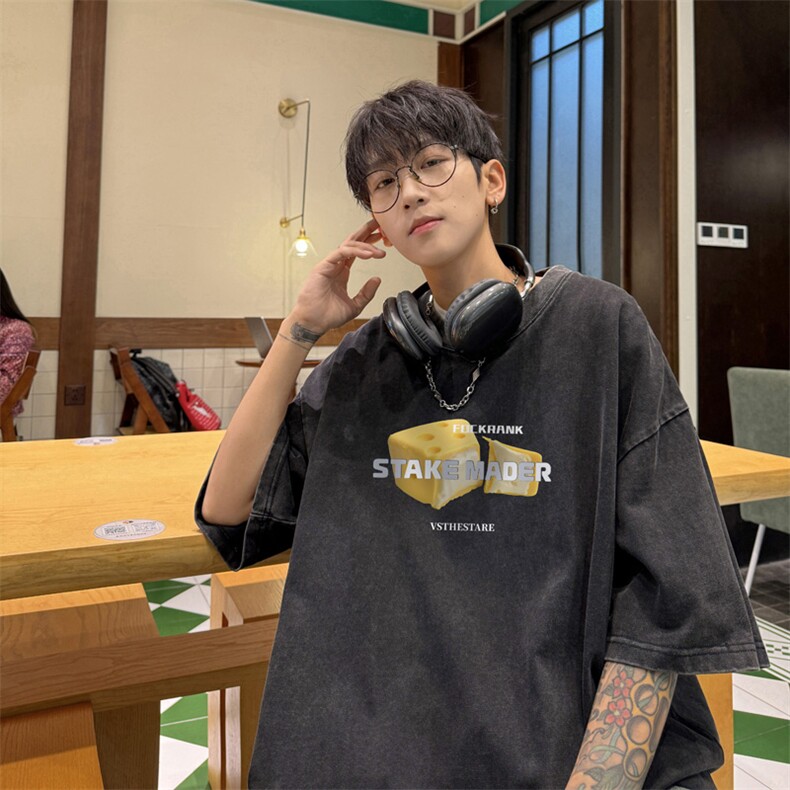 量大优供视频240g重磅美式炒雪花水洗做旧短袖t恤STX543-特P25,男装T恤,电商B371