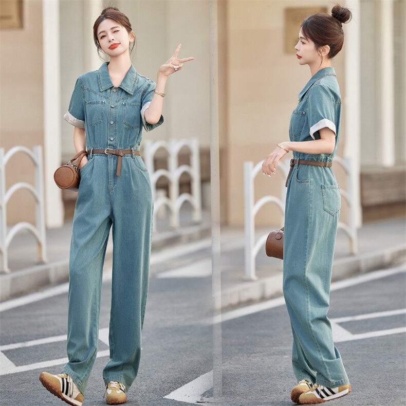 美式复古Polo领牛仔连体裤女夏季2025新款收腰显瘦直筒阔腿拖地裤，女装连体裤，微微衣阁