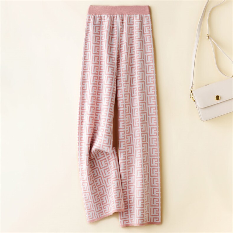 时尚回字纹针织阔腿裤舒适百搭秋冬必备单品，女装休闲裤，欣美羊绒