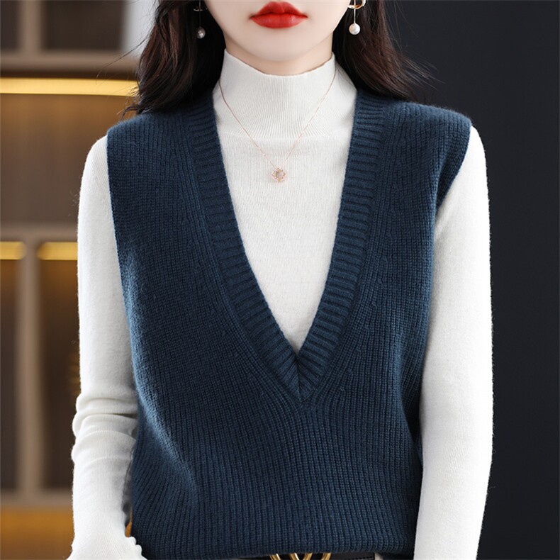 V领针织马甲女无袖背心坎肩马夹秋冬季2024新款宽松外穿,女装马甲,皓宇羊绒
