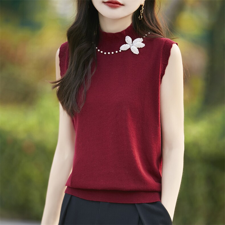 春夏半高领精纺羊毛针织背心女钉珠花朵无袖上衣宽松短袖打底毛衣,针织衫/毛衣,暖烁特种纱工厂店