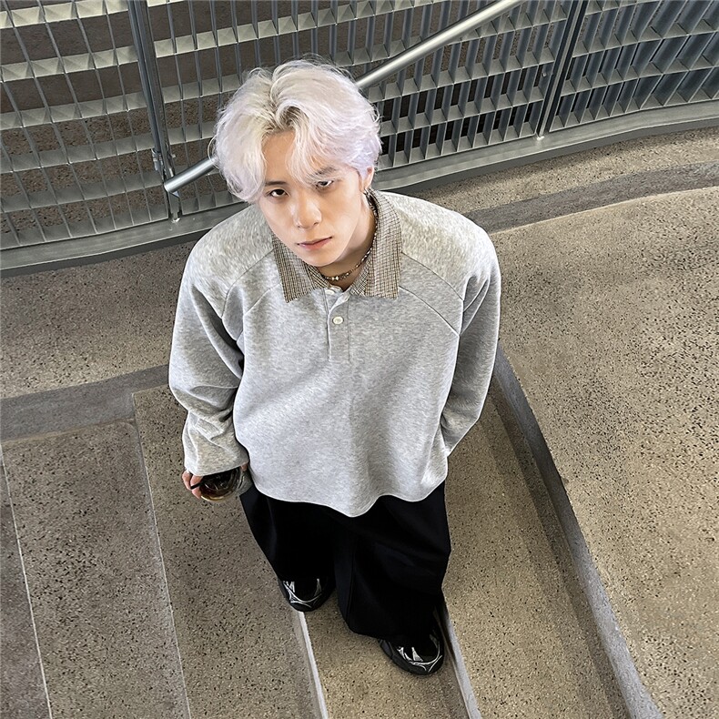 2025新款黑色假两件POLO领卫衣男秋季美式老钱风翻领上衣W101-P48，男装Polo衫，电商C307