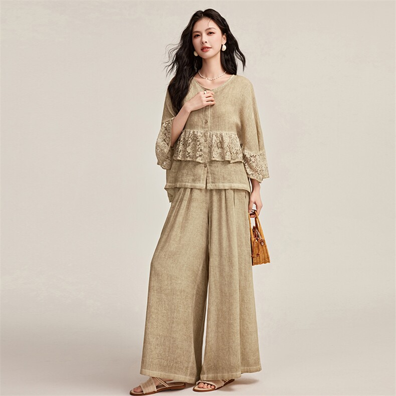 闺舍2025春季新款气质上衣时尚套装复古宽松阔腿裤蕾丝拼接衬衣，女装套装/套裙，宝儿家