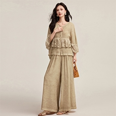 闺舍2025春季新款气质上衣时尚套装复古宽松阔腿裤蕾丝拼接衬衣，女装套装/套裙，宝儿家