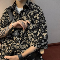 夏季新款宽松复古港味设计感小众花衬衫ins痞帅休闲衬衣男~C576，男装衬衫，星座601-2