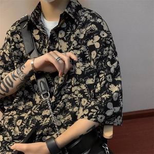 夏季新款宽松复古港味设计感小众花衬衫ins痞帅休闲衬衣男~C576图片