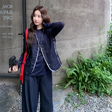 初秋穿搭无袖马甲阔腿裤牛仔套装女春秋季2025新款高级感洋气时尚，女装套装/套裙，2D076