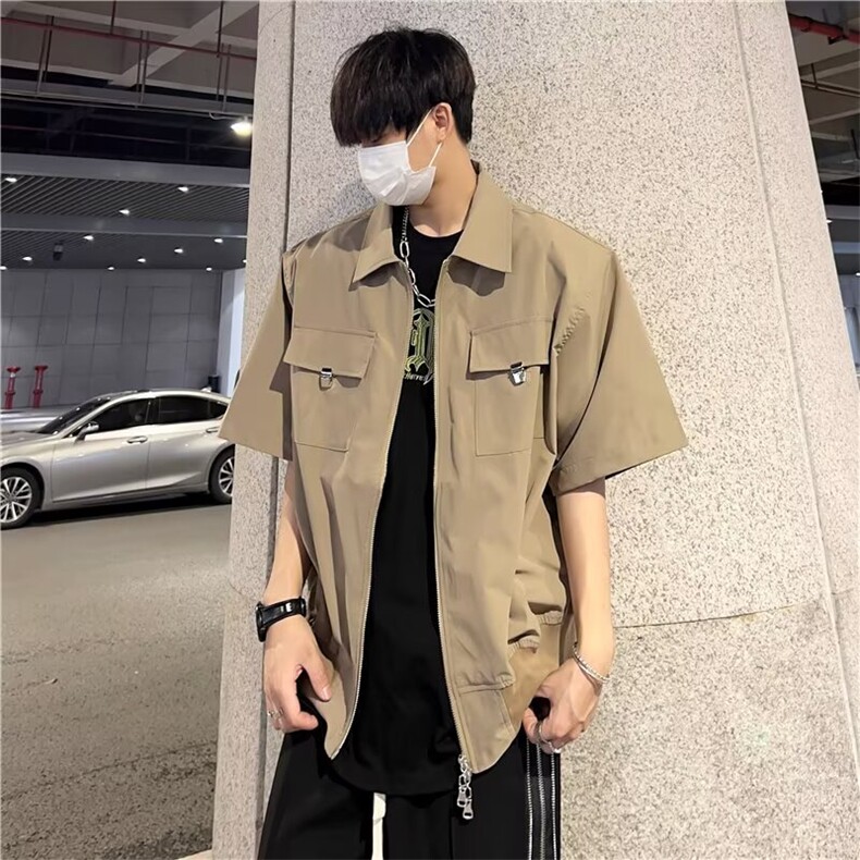夏季小众短款垫肩短袖衬衫外套男潮牌金属宽松高级衬衣LS778P44,男装T恤,星座1013-5