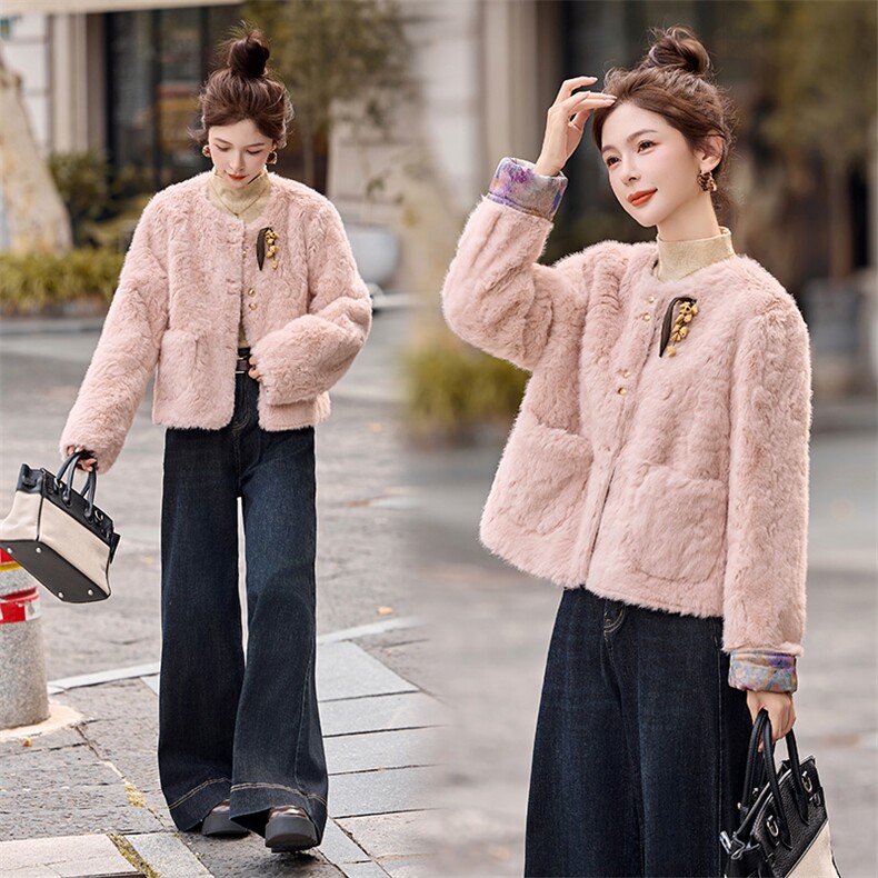 冬装两面穿羊羔毛小香风g风两穿圆领皮草外套，女装皮草，采品优优