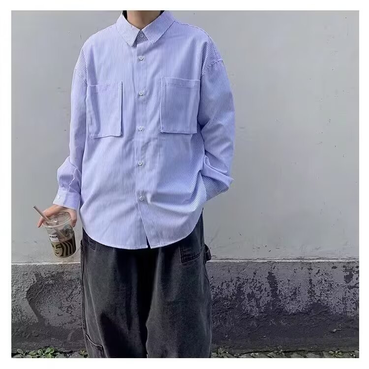 条纹衬衫男秋季2025新款韩版长袖衬衣宽松高级感复古休闲外套图片