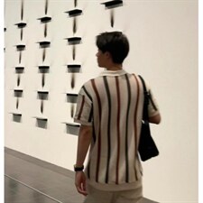 夏季粗针镂空针织衫男士潮牌时尚条纹撞色毛织休闲短袖polo衫，男装T恤，星座516A