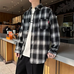 长袖格子衬衫男春秋季宽松韩版时尚潮流休闲外穿磨毛衬衣外套C13图片