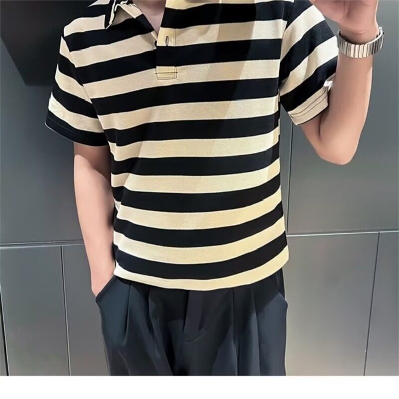撞色条纹polo衫短袖男士夏季新款翻领T恤ins潮牌痞帅休闲半袖体恤,男装Polo衫,星座506A