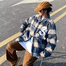 秋冬美式复古长绒格子小香风衬衫毛呢外套男女刺绣宽松夹克潮，男装夹克，星座506A