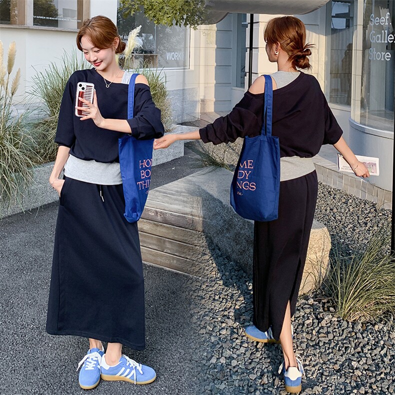 韩系气质假两件露肩卫衣套装裙女2025秋季新款小个子显瘦两件套潮，女装套装/套裙，纯色衣恋