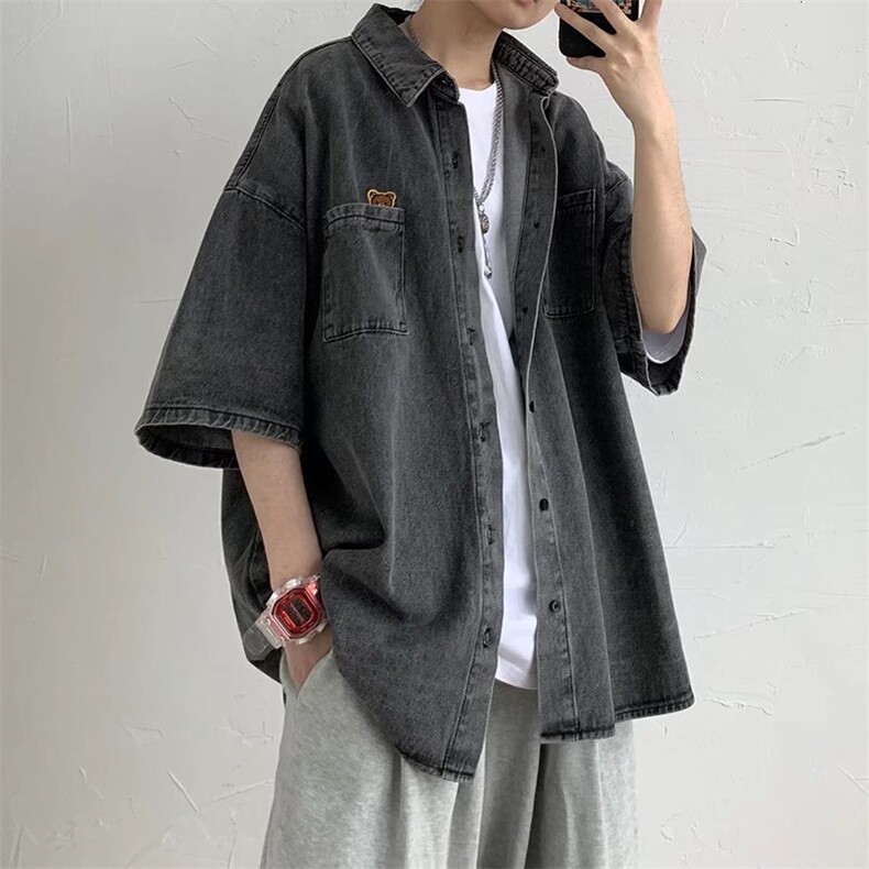 牛仔衬衫男夏季古着vintage短袖衬衣高级感潮牌痞帅半袖翻领外套图片
