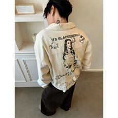做旧人像印花牛仔裤夹克休闲潮牌外套JK8971特P71，男装工装外套，星座908-1