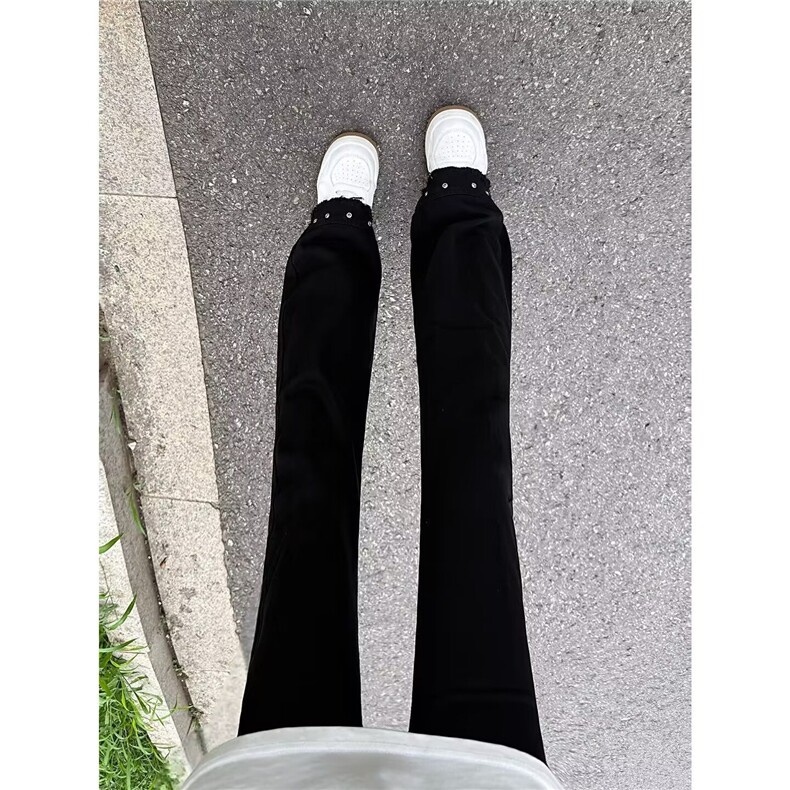 美式复古黑色微喇牛仔裤男cleanfit水洗做旧毛边铆钉显瘦休闲裤潮图片