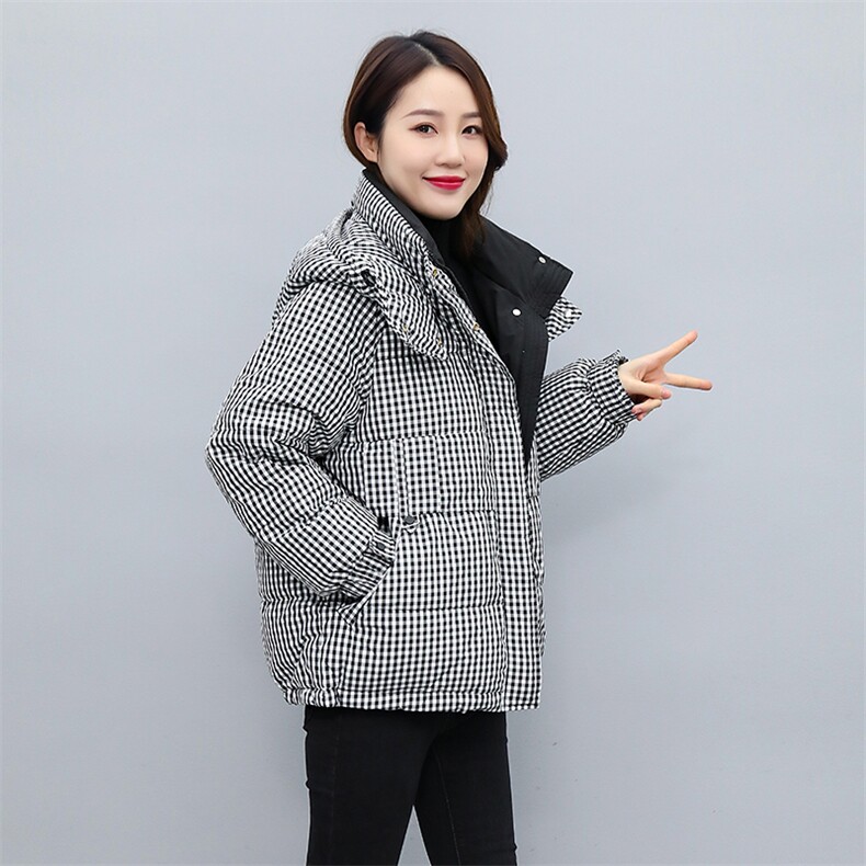 时尚格子羽绒服女短款加厚保暖外套冬季新款韩版宽松显瘦上衣,女装羽绒服,天丽