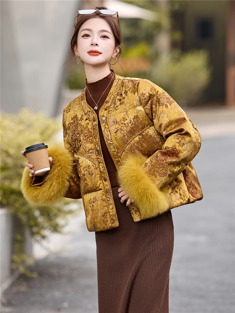 新中式90提花羽绒服2025年冬季新款高级感优雅气质白鸭外套,女装羽绒服,玖莱伊