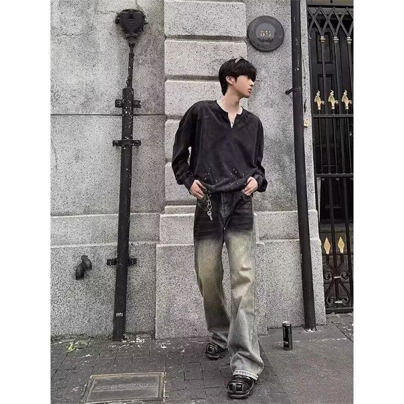 网络图现货复古牛仔裤男款宽松直筒潮牌秋季裤子男女R8822-P60,男装牛仔裤,星座1005-4