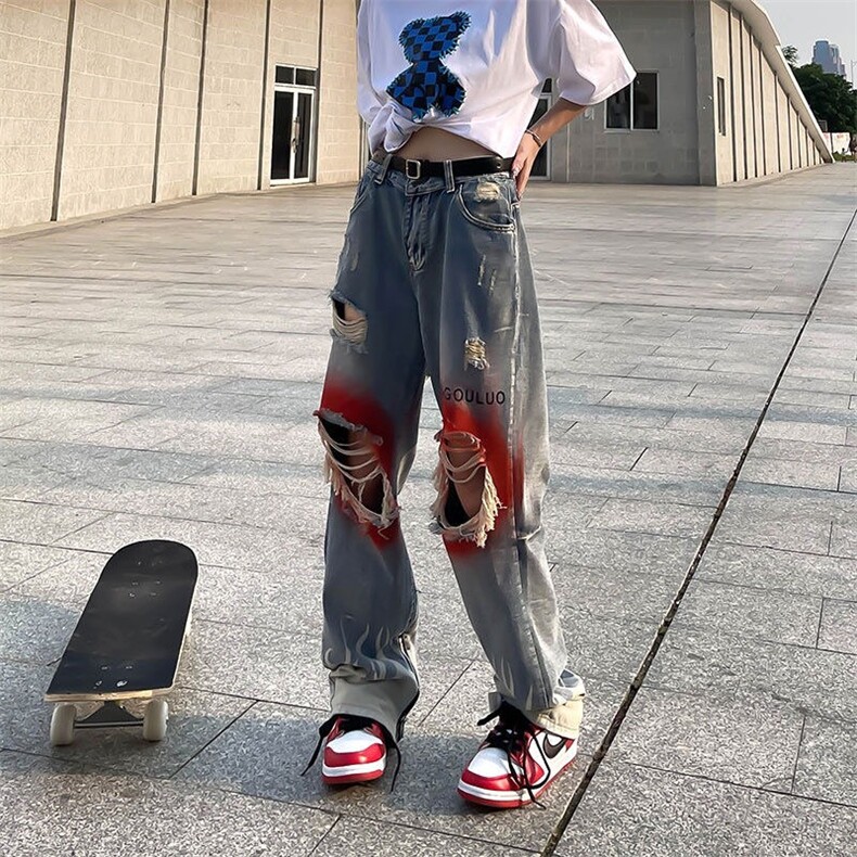 直筒牛仔裤男潮牌ins宽松痞帅破洞9分港风韩版潮高街裤W8577/P45,男装牛仔裤,星座506