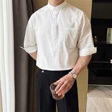 夏季男士七分袖麻料立领衬衫男休闲修身休闲衬衣A236-C666-P58，男装衬衫，电商A236